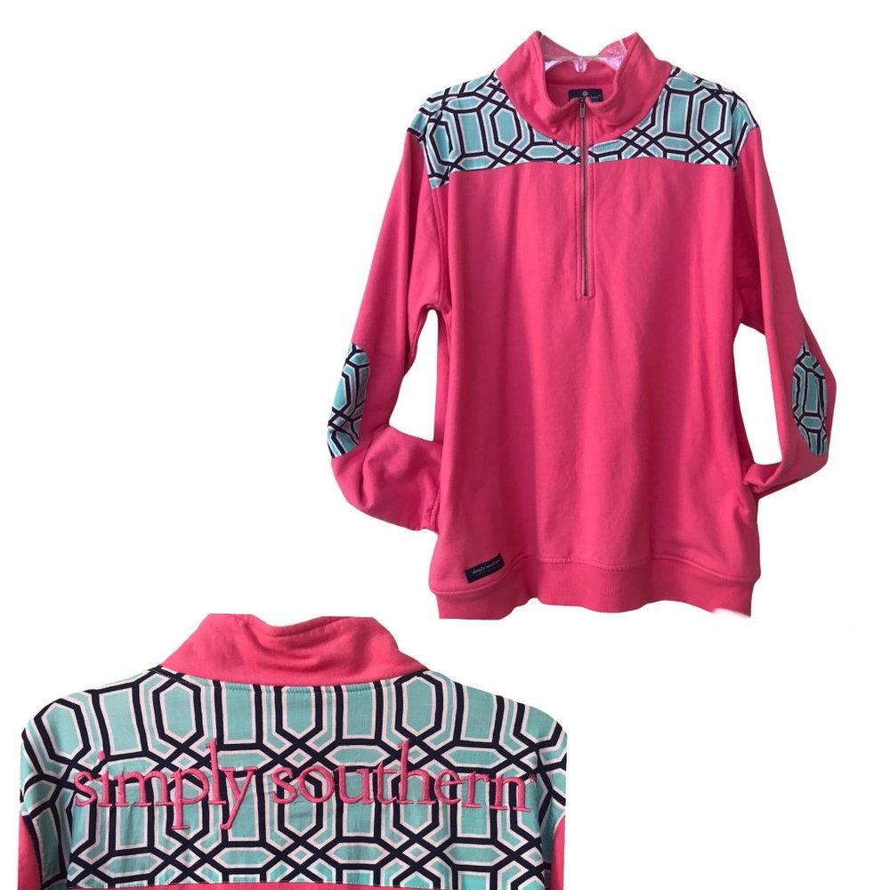 Simply Southern XL Pink Elbow Patch Zip Pullover Sweatshirt Preppy Beachy Womens